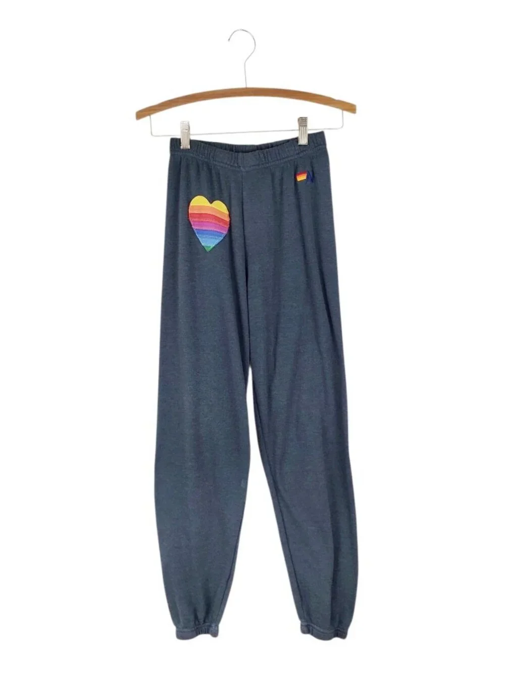 Aviator Nation Rainbow Heart Stitch Sweatpants Charcoal Gray Womens XS